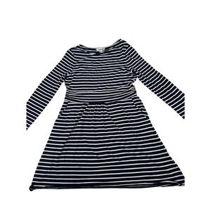 Boden Jersey Dress Womens 12P Navy Blue White Striped Long Sleeve Pocket A-Line